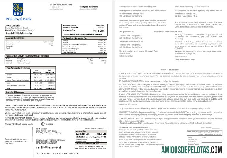 Declaração de hipoteca do Royal Citizens Bank de Trinidad e Tobago em formatos Word e PDF exemplo real